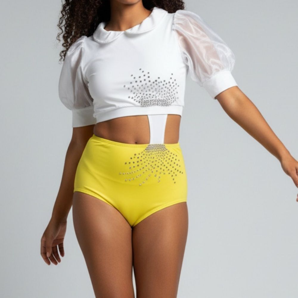 Glamorous solo dance costume white yellow 2 piece embellished puff sleeve LA